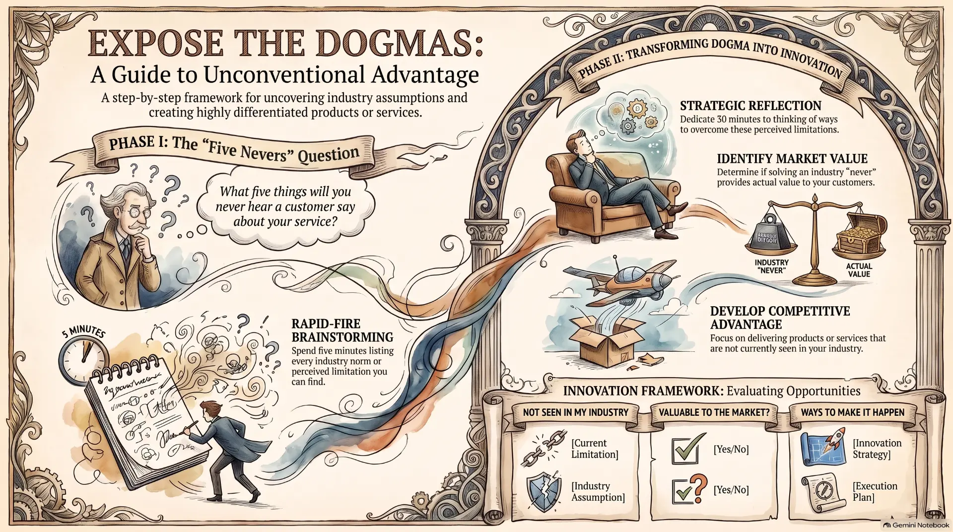 Expose the Dogmas: a guide to unconventional advantage — Phase I the Five Nevers question, Phase II transforming dogma into innovation