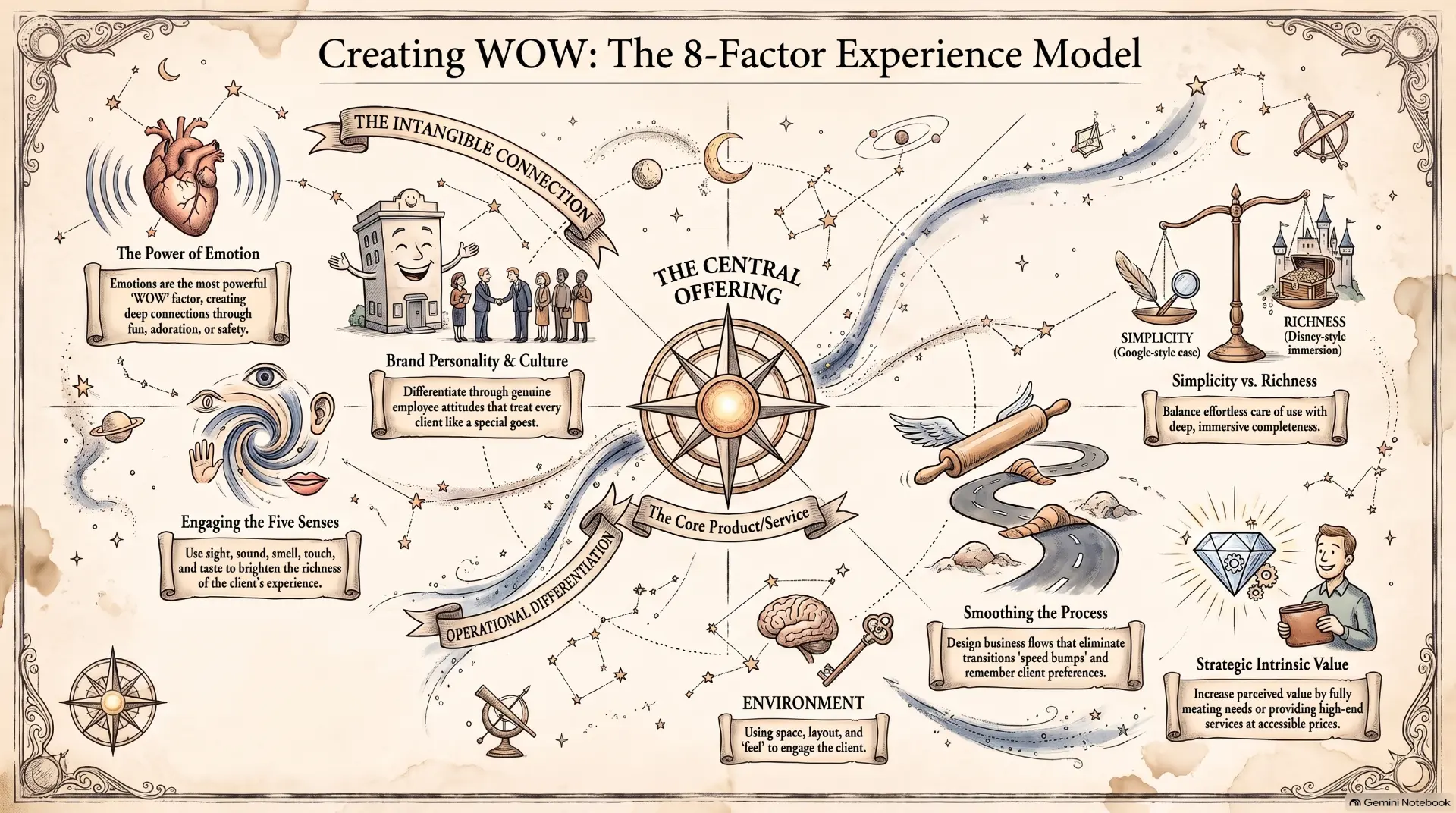 Creating WOW: the 8-Factor Experience Model — eight facets arranged around the central offering